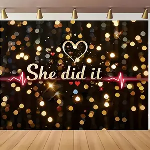 1pc 2D Flat Black & Golden Nurse Graduation Banner - "She Did It" Polyester Backdrop with Heart & Sparkle Design for Medical School Party Decor, Photography Background (in/in/in)