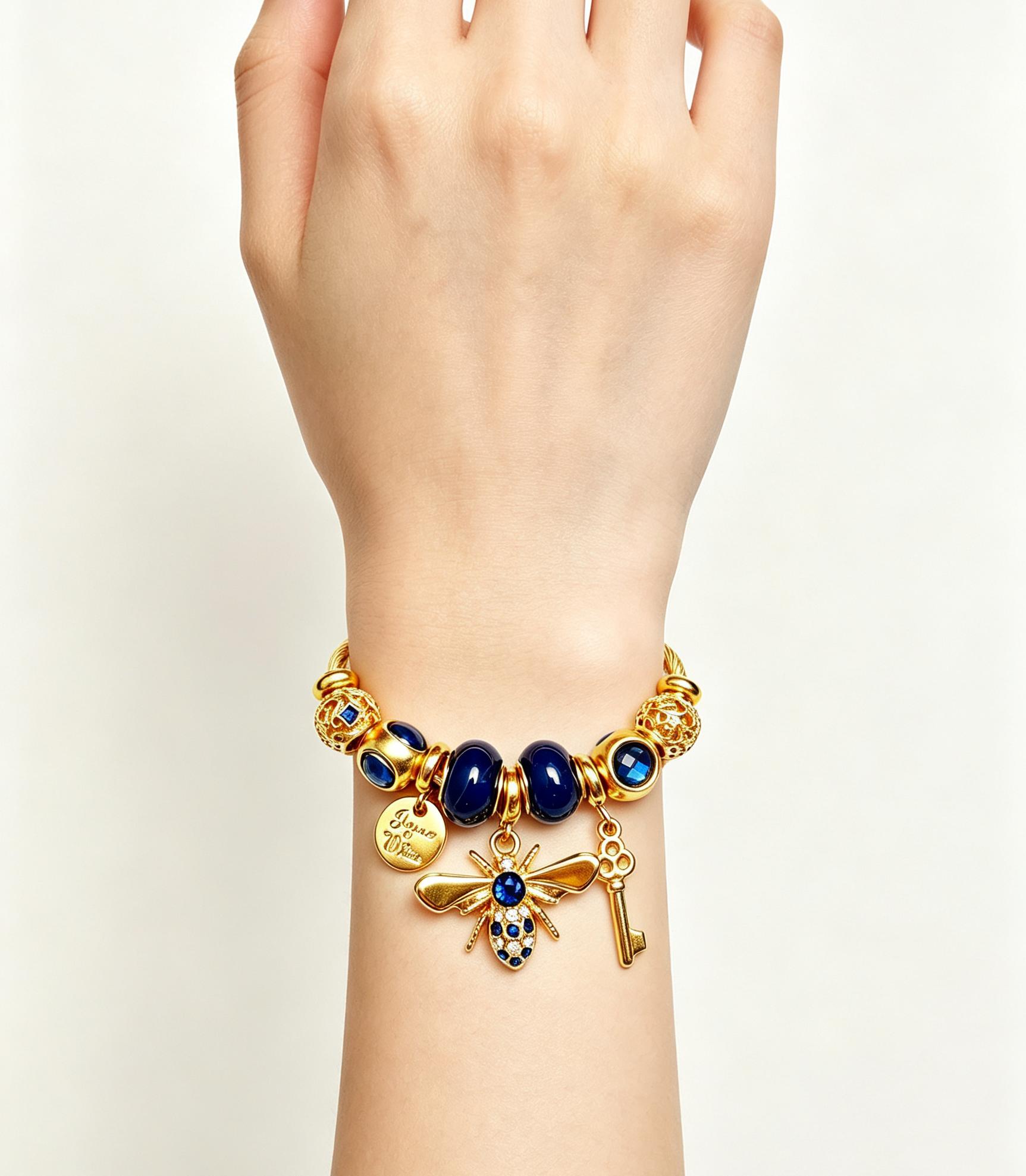 Gold Bee Charm Bangle Bracelet for Women, Adjustable Cable Wire Open Cuff Bracelet with Key & Coin Pendant, Fashion Multicolor Beaded Jewelry Gift Gold Bee Charm Bangle Bracelet for Women, Adjustable Cable Wire Open Cuff Bracelet with Key & Coin Pendant, Fashion Multicolor Beaded Jewelry Gift