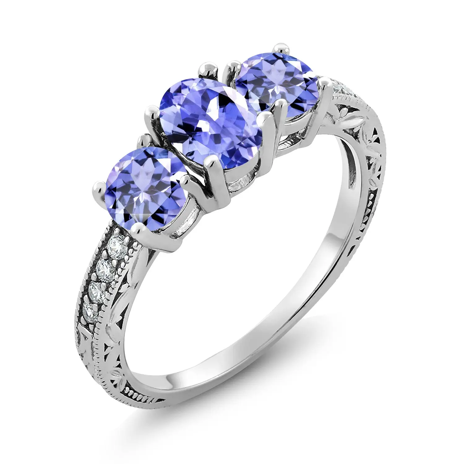 1.79 Cttw Blue Tanzanite 3-Stone Engagement Ring For Women | 925 Sterling Silver | Oval 7X5MM and Round 5MM | Three Stone Wedding Engagement Anniversary Ring For Women