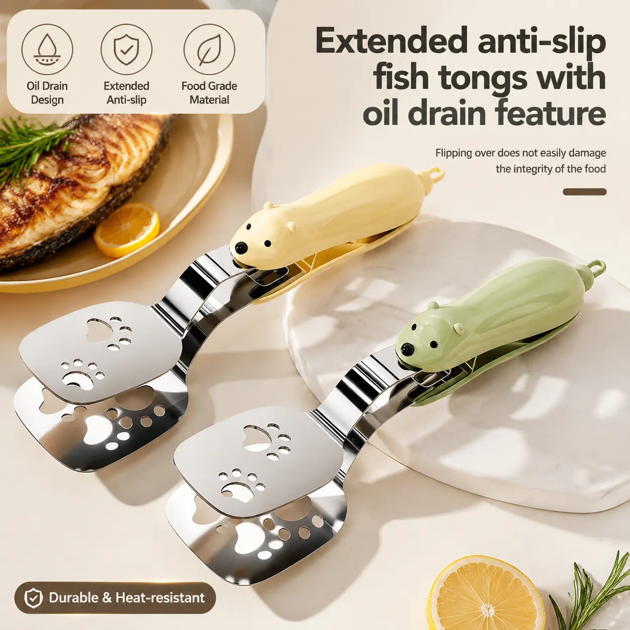 Cute Bear Handle Fish Spatula Turner, Non-Stick Slotted Oil Draining Kitchen Tong, Stainless Steel Cooking Tool