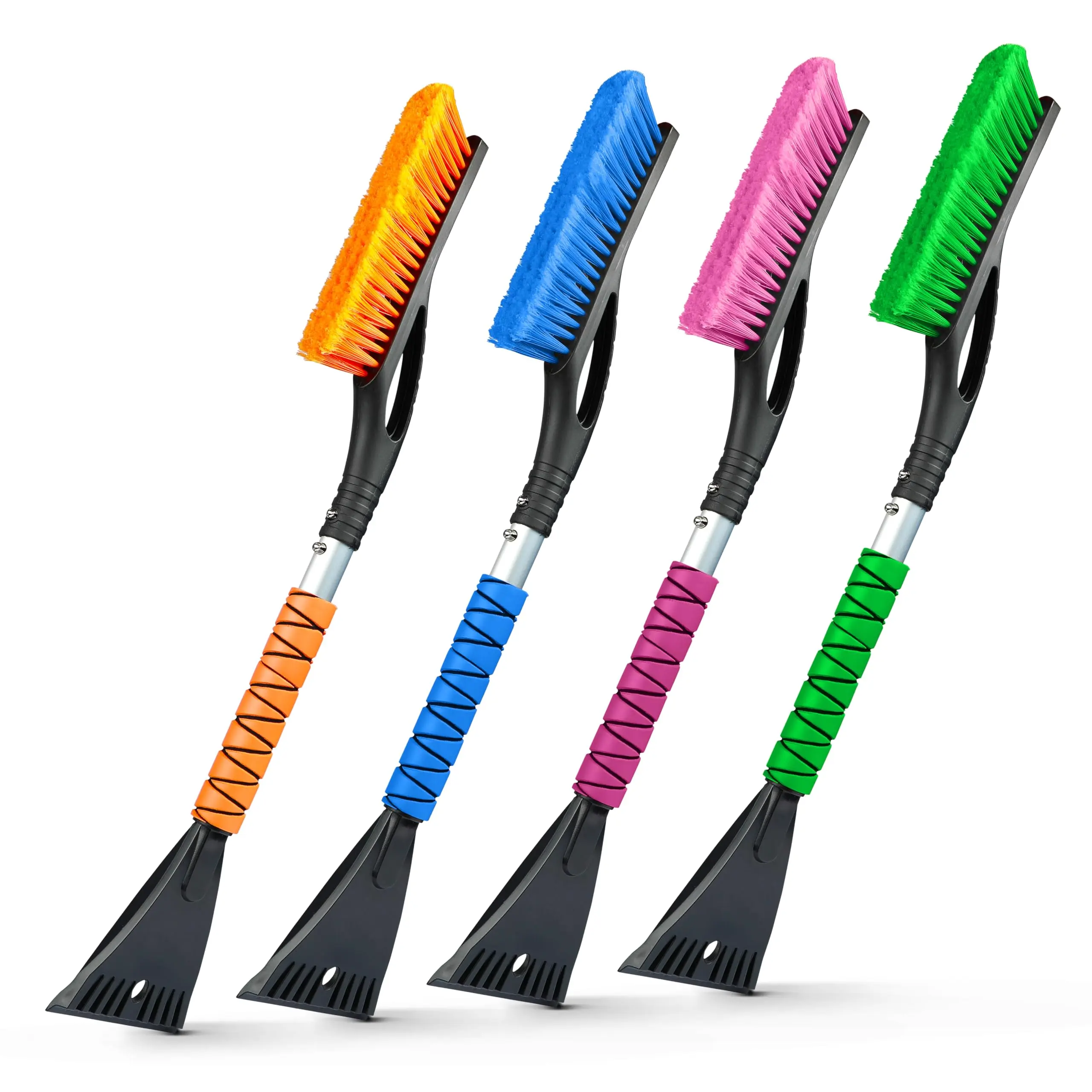 EcoNour 27-inch Aluminium Alloy Snow Brush 4-Pack with Ice Scrapers, Ergonomic Foam Grip, Color-Coded Handles, Lightweight Durable Scratch-Resistant ABS Winter Tools for Trucks, Cars, Safe Driving (Orange, Pink, Green, Blue), Color Variant, Acrylonitrile