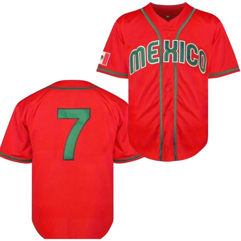 Men's Letter & Number Print Short Sleeve Mexico Baseball Jersey, Loose Sporty V Neck Baseball Top, Men's Sport & Outdoor Clothing for All Seasons, Boys Clothing Christmas gifts