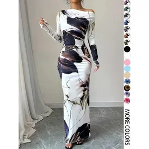 Women's Floral Print Asymmetrical Neck Dress, Elegant Long Sleeve Long Dress for Party Holiday Wedding Guest, Ladies Summer Clothes, Womenswear