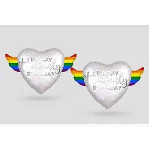 Colorful Happy Heavenly Birthday 17" Memorial Balloon – Heart Shaped with Rainbow Angel Wings Silver Script - 2 Balloons Included