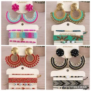 Round Beaded Earring & Bracelet Set with Murano Accents Handwoven Feminine Jewelry /Large