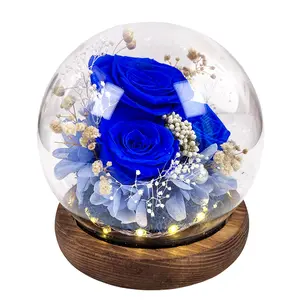 Blue LED Preserved Rose Glass Globe Decor, combining romantic lighting with timeless preserved flowers. Perfect for home decor, weddings, parties, and anniversaries, and an elegant gift for Valentine’s Day and birthdays.