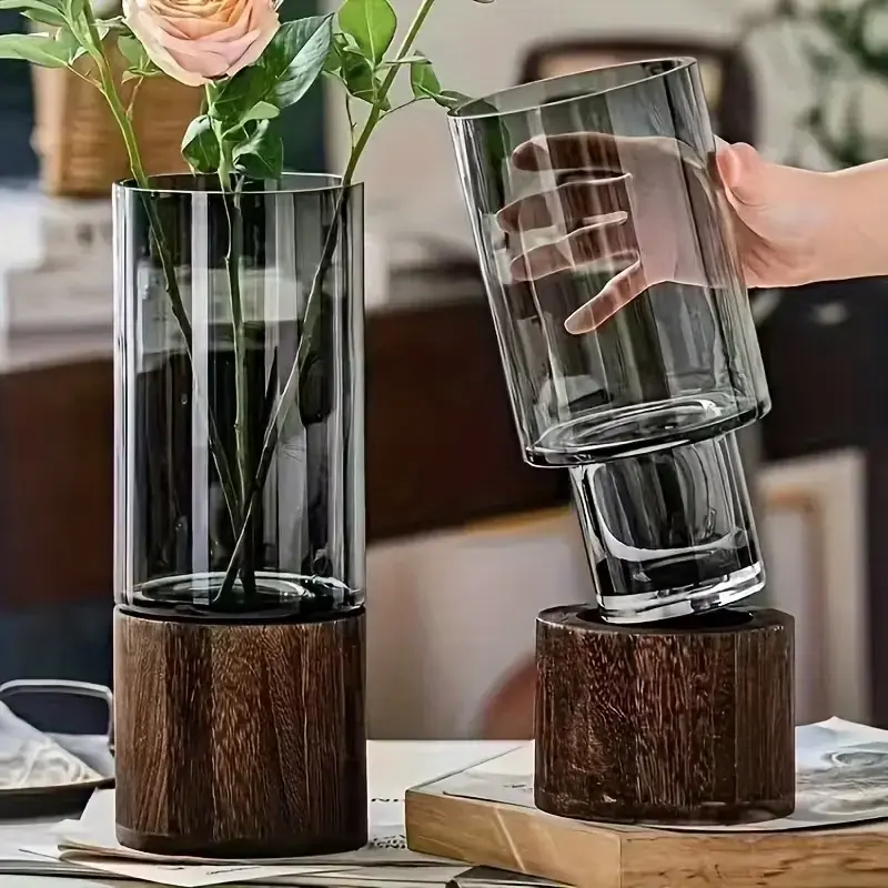 Elegant Vintage Glass Bud Vases Set, Embossed Decorative Flower Vase with Wooden Base, Small Glass Vase for Home Decor, Living Room, Dining Table, Shelf Decor, Wedding Centerpiece Gift