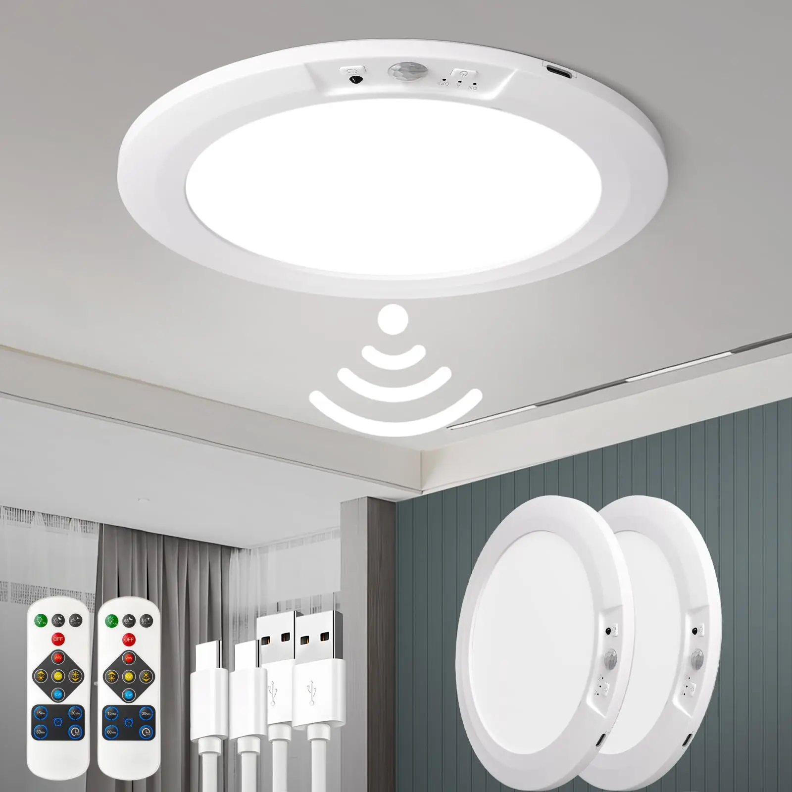 Rechargeable Motion Sensor Ceiling Light, No Wiring Closet Light Operated with Remote Dimmable Timing, Magnetic Motion Activated Shower Light for Closet Shower Bathroom Hallway