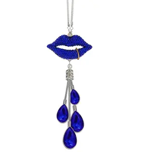 Glamorous Lip Shape Car Mirror Charm Red or Navy Blue Crystal Lips with Dangling Rhinestone Teardrops Feminine Car Accessory