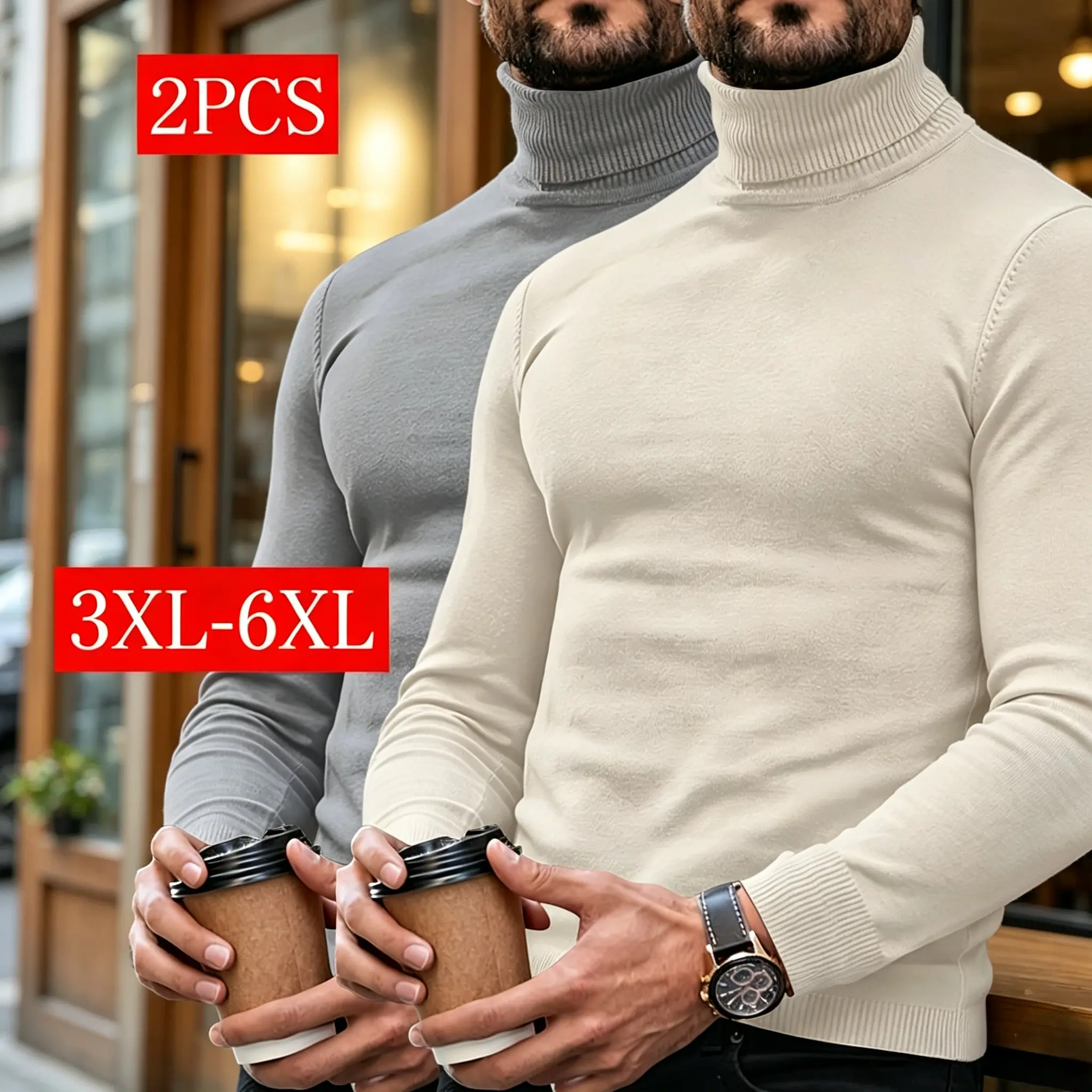 Big & Tall Men's 2-Pack Long Sleeve Solid Color Knitted Turtleneck Natural Garments, Skin-Friendly Non-Itch Elastic Knit Pullovers for Broad Shoulders/Big Bellies, Layering Thermal Tops for Fall/Winter Office Wear, Puffer