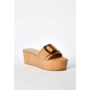 JUST FAB Women's Platform Wedge Slides 2.25" Heel Buckle Slip-On Sandals for Summer Comfy Summer Wedges for Everyday, Brunch & Vacation