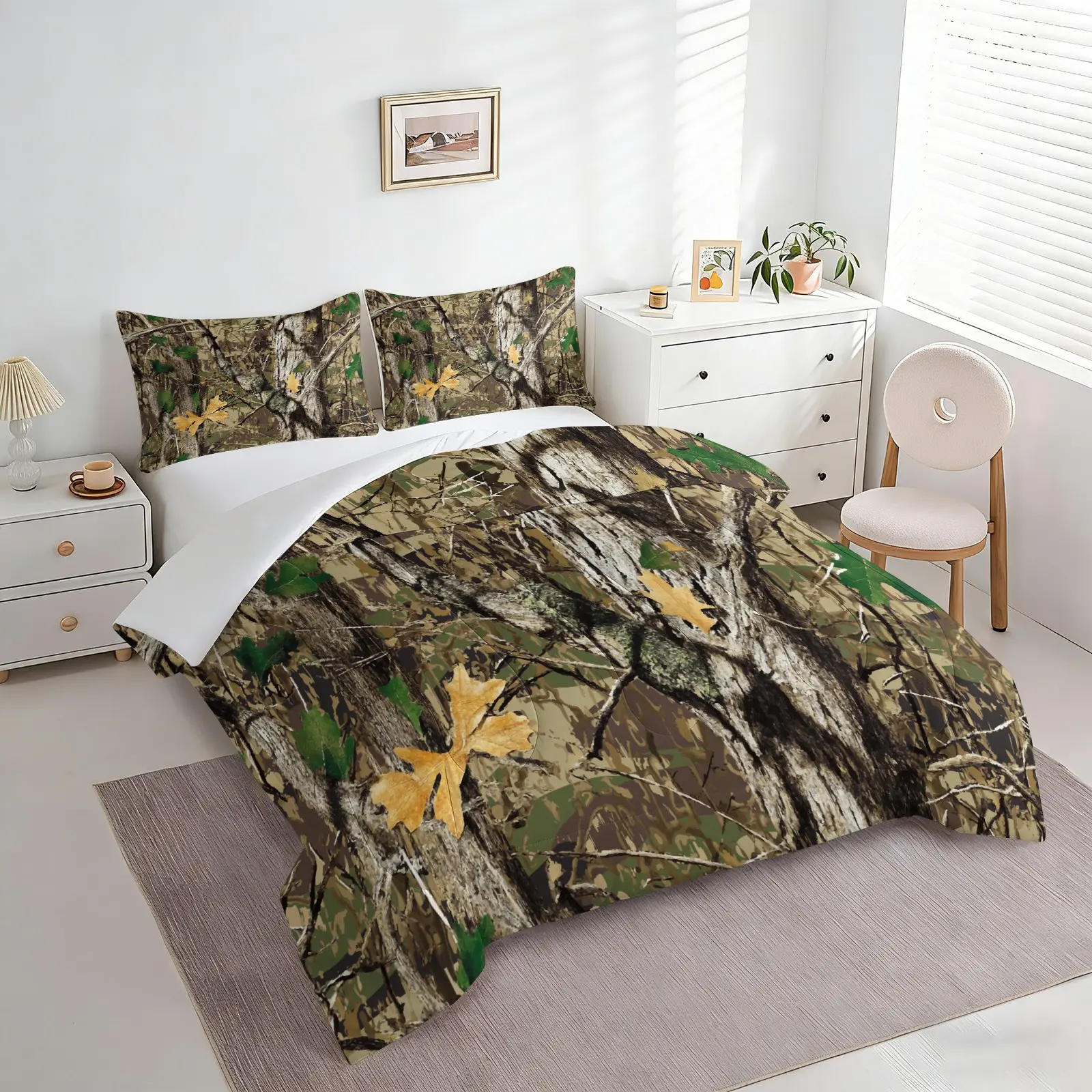 2/3Pcs Camo Comforter Set, Woodland Tree Leaf Print Quilt Bedding Set with Pillowcases, Polyester Bed Set, Soft Hunting Camouflage Bedding, All Season for Nature & Outdoor Lovers, Country Homes, Cabins, Lodges