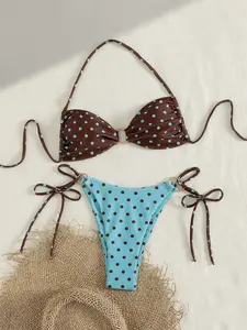 Stylish Women’s New Polka Dot Bikinis Set, Backless Design with Metal Ring, Flirty and Sexy for Beach Vacation and Pool Parties, Swimsuit Style Bikini