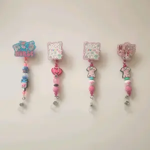 Nurse Beadable Badge Reel - Pink and Blue Design with Beads and Clips for Nurses