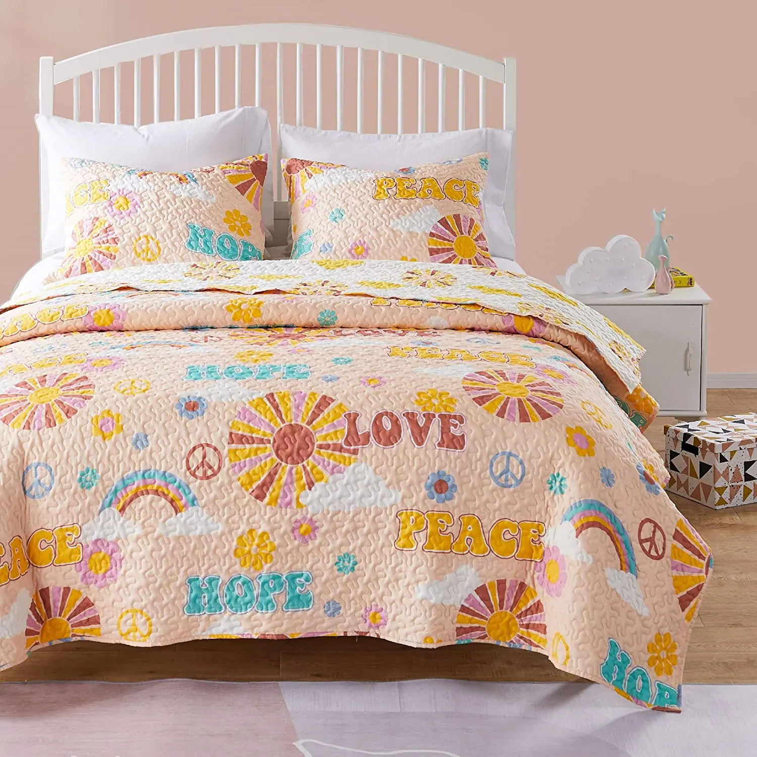 Greenland Home Fashions Cassidy Twin XL Quilt Set 2 Piece Reversible Peace and Rainbow Design