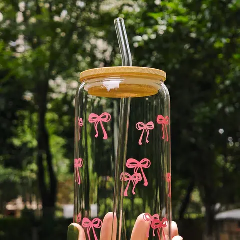 Coquette Aesthetic Glass Cups with Lids and Straws Pink Bow Iced Coffee Cup Decor Cute Tumbler Smoothie with Cleaning Brush Gift Box for Girls Women Friends 16 oz Aesthetic Iced Coffee Cup Stylish Star Design Preppy Cup with Brush