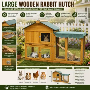 61 Inch Wooden Rabbit Cage Outdoor Hutch with Run and Sunshade Awning Pull Out Cleaning Trays Multi Pet Habitat for Guinea Pigs Ferrets Small Animals Backyard Bunny Enclosure Weatherproof Pet Setup Essentials