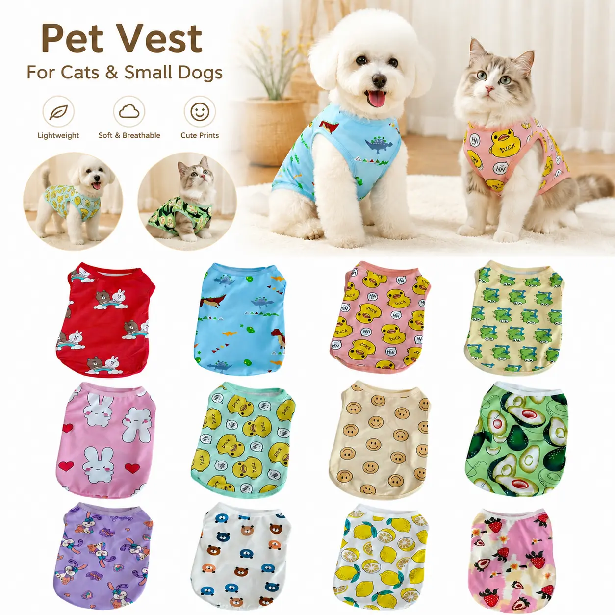 Pet Vest for Cats & Small Dogs Lightweight Soft Breathable with Cute Prints in Various Colors and Designs