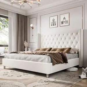 Queen Velvet Wingback Bed Frame With 49.2" Tall Tufted Headboard - Luxury Diamond Button Upholstered Platform