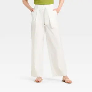 Women's High-Rise Wide Leg Poplin Trousers - A New Day White 6