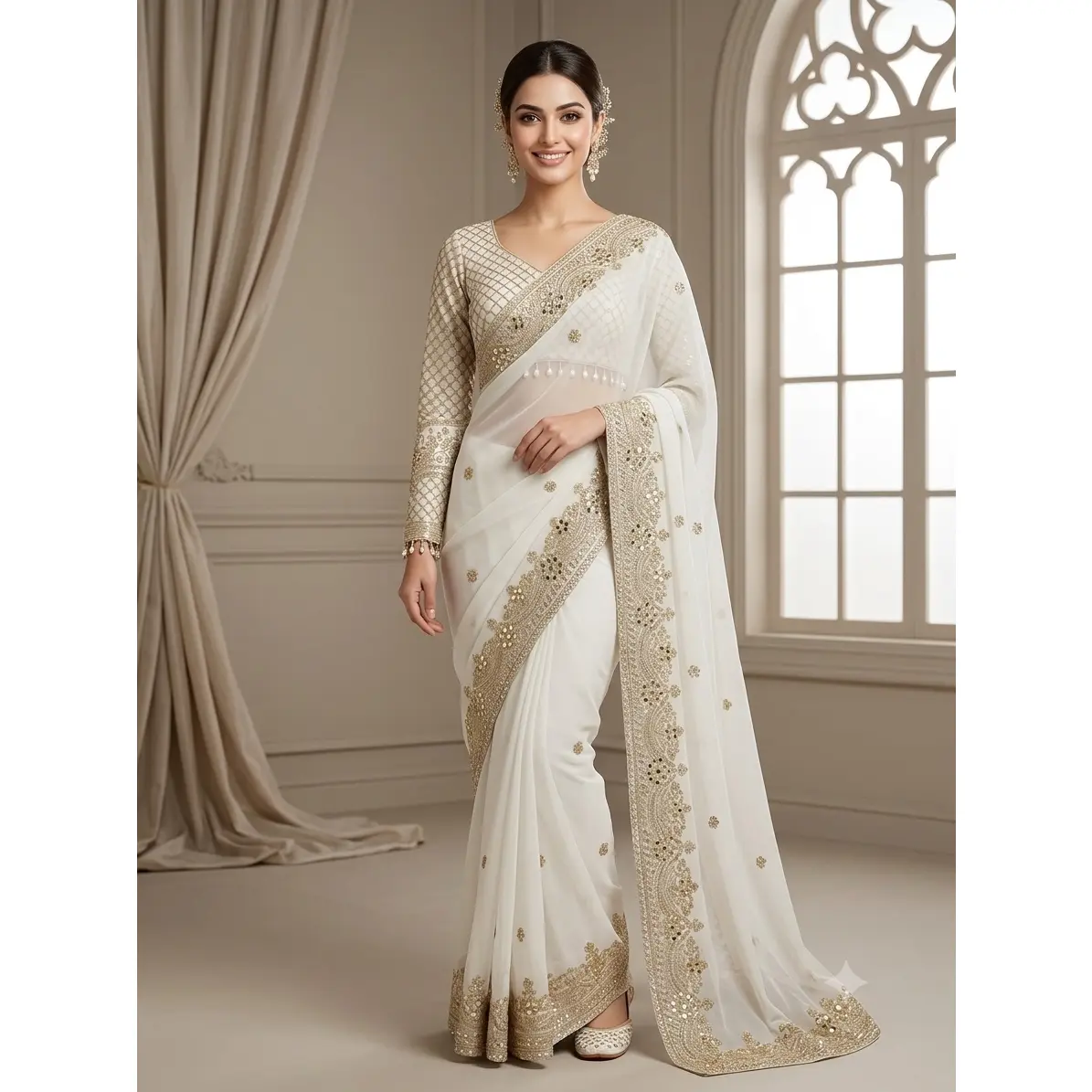 Pre-Pleated Georgette Mirror & Stone Work Saree