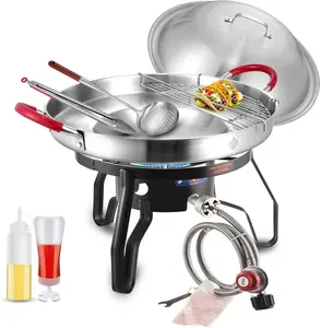 ARC Stainless Steel 20" Mexican Comal Griddle Pan and 55000BTU Propan Bunner,Large Cookware Set, Domed Lid, Cooking Rack, Tongs, Shallow Colander and 2 Squeeze Bottles, Disco Para Cocinar