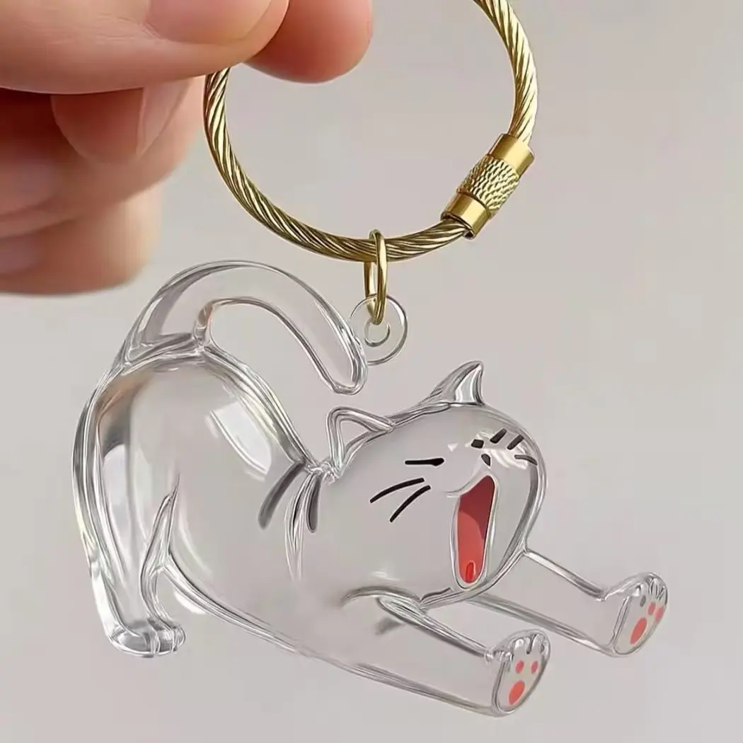 Cat Fur Keepsake Keychain, 2 Styles Stretching/Reclining Cat Memorial Keyring, Transparent Pet Hair Holder, Cat Mom Gift, Pet Loss Sympathy Gift