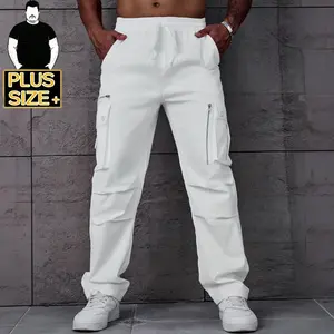 [Plus Size] Men's Zipper Cargo Pants – Loose Fit Streetwear Trousers with Multi Pockets, Elastic Waist, Casual Baggy Pants for Big & Tall, White (2XL-6XL)