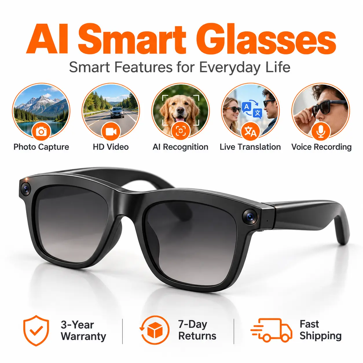 AI Smart Glasses with  HD Camera for Men and Women, Bluetooth Calling Glasses with Hands-Free Photo, Video and Audio Recording