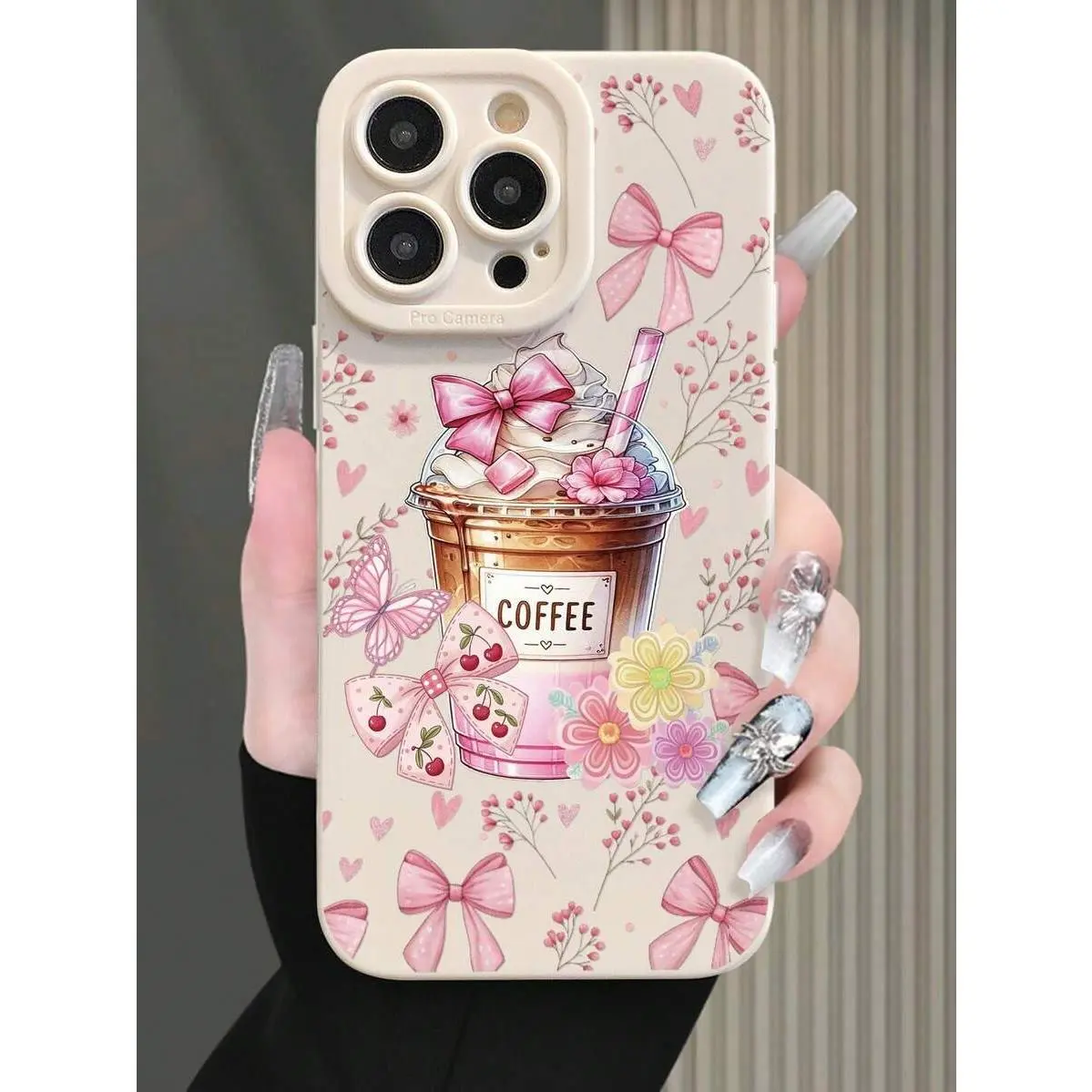Pink Bow Coffee Pattern Minimalist Fashionable Shockproof Milk Tea Painted Perforated Phone Case Suitable for a variety of iPhone models, from Iphone 17 series to Iphone 11 series, and Iphone x series, Accessories, Smartphone