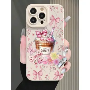Pink Bow Coffee Pattern Minimalist Fashionable Shockproof Milk Tea Painted Perforated Phone Case Suitable for a variety of iPhone models, from Iphone 17 series to Iphone 11 series, and Iphone x series, Accessories, Smartphone