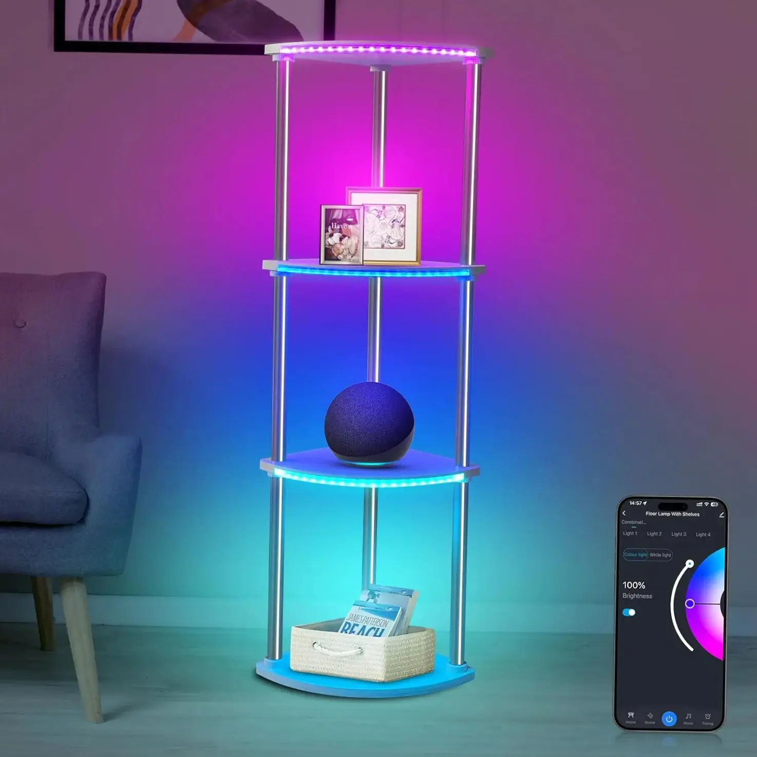 4-Tier Arc Floor Lamp with Shelves, APP Music Sync RGB & 3000K-6500K – Modern Standing Lamp for Living Room & Bedroom