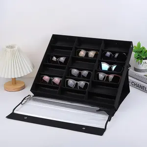 18-Slot Sunglass Organizer & Sunglasses Case,Lightweight Storage Display Case with Metal Snap Buttons for 18 Pairs,Eyeglass Holder & Glass Display Box for Desk & Vanity