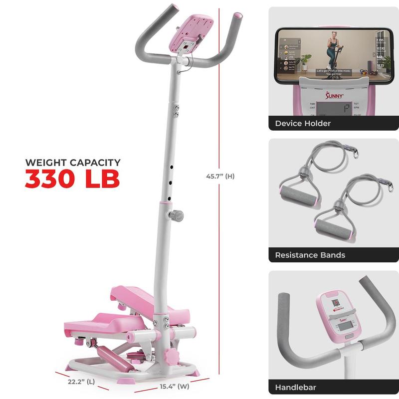 Sunny Health & Fitness Smart Pink Mini Stepper with Resistance Bands & Handlebars, Home Gym Workout Fitness, Compact Home Cardio Machine, Performance Monitor, Stair-Climb Leg/Thigh/Glute Toner, 330 lbs Capacity