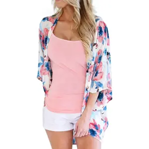 Womens Floral Chiffon Kimono Cardigans Loose Beach Cover Up Half Sleeve Tops