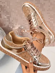 Women's Sequins Sport Shoes, Shiny Fashion Casual Sneakers, Trendy Dirty Look Flats, Round Toe Medium Width, All Seasons