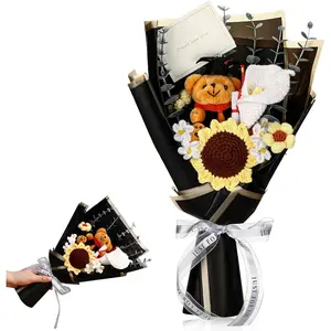 Graduation Bear Bouquet Handmade Crochet Flower Bouquet Artificial Sunflower Calla Lily Daisy Graduation Flowers Graduation Card for Students Graduation Celebration Ceremony