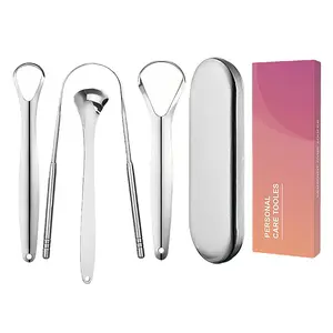 UFORU 4-Pack Tongue Scraper for Adults and Kids, 100% Stainless Steel Tongue Scraper with Travel Case, 4 Shapes, Perfect for Bad Breath & Oral Hygiene, Easy to Use and Carry,