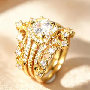 3PC Heart Cut Cubic Zirconia Crown Ring Set Gold & Silver Plated Stackable Bridal Promise Rings for Women