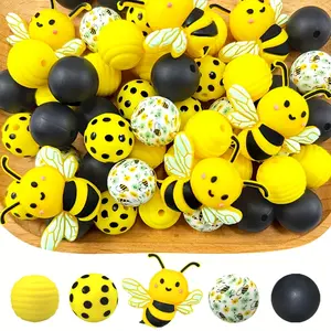 50pcs Bee-Shaped Silicone Beads (15mm x 0.59inch) with Honeycomb Pattern - Cute Animal Inspired Motifs for DIY Charms Making, Easy to Clean, Ideal for Birthday Gifts, Necklaces & Keychains