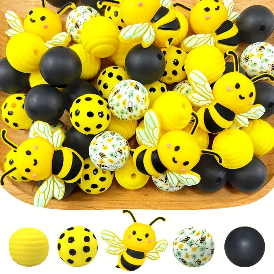 50pcs Bee-Shaped Silicone Beads (15mm x 0.59inch) with Honeycomb Pattern - Cute Animal Inspired Motifs for DIY Charms Making, Easy to Clean, Ideal for Birthday Gifts, Necklaces & Keychains