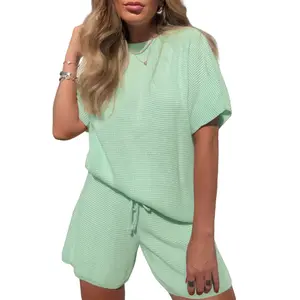 Fisoew Womens 2 Piece Lounge Sets 2026 Summer Short Sleeve Knit Sweater Loose Shorts Set Casual Matching Travel Outfits