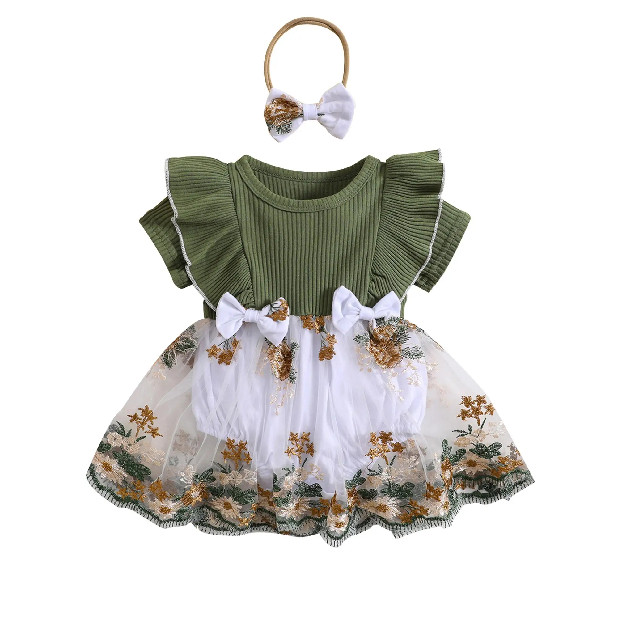Infant Baby Girls Romper Dress 0-24 Months Flower Embroidery Knit Rib Ruffles Crew Neck Jumpsuits Summer Bodysuits with Bow Headband Cute Gifts