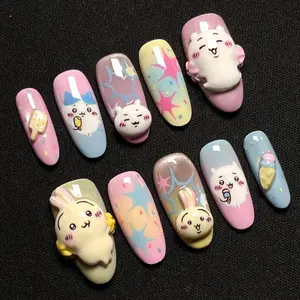 T114 Lynn Ice Cream Bear Press-On Nails, 3D Cartoon Animal Faces & Frozen Treat Charms, Pastel Starburst Art, Handmade Cute Style, Custom Nails, Gift for Her