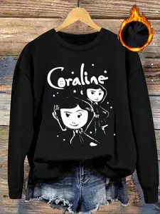 Fleece-lined crew neck sweatshirt with "Coraline" graphic lettering from the movie *Coraline*. Casual retro-style long-sleeved pullover. Crew neck casual sporty women's pullover sweatshirt. Autumn/Winter fleece-lined women's clothing.
