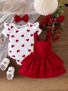 Baby Girl Romantic Princess 3-Piece Summer Gift Set, Heart Print Sleeveless T-Shirt, Romper, Tutu Skirt, Bow Headband, Cute for Girls