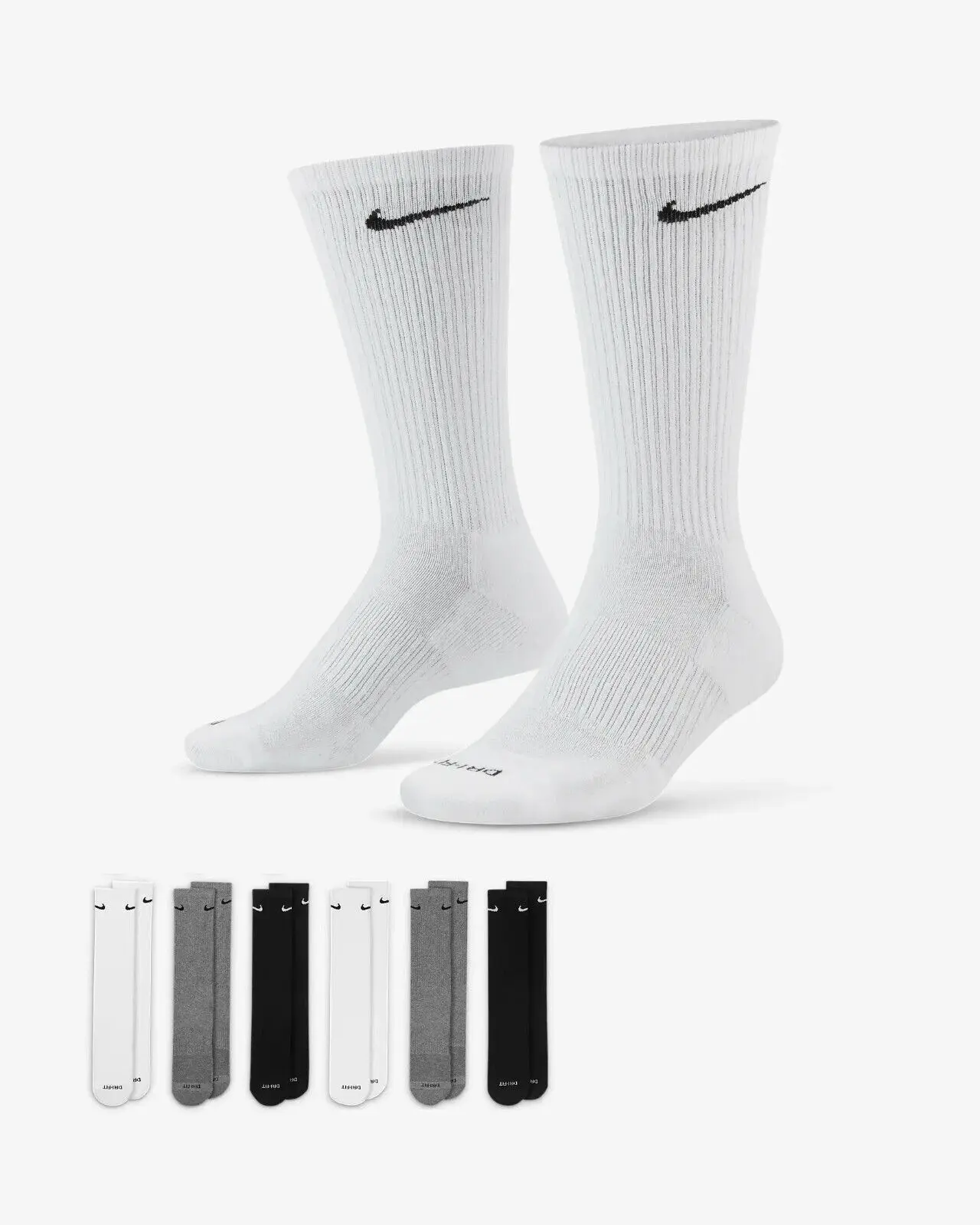 NIKE Everyday Plus Mid-Crew Sports Socks, 6-Pack Polyester Performance Plain Socks, Multi G/W/B, Large