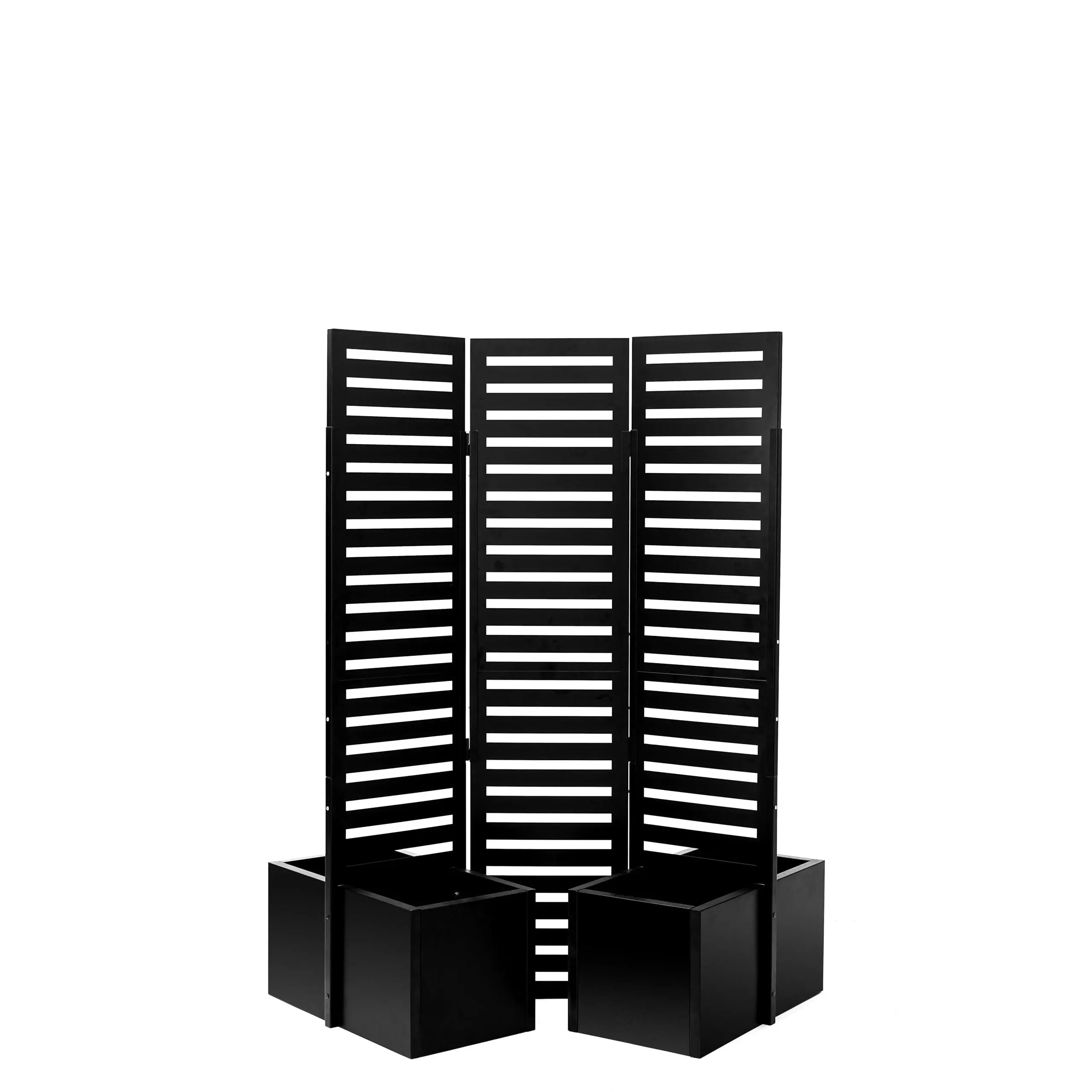 3‑Panel Freestanding Metal Planter Box with Trellis – 4 Raised Self‑Draining Beds & Weatherproof Outdoor Privacy Screen Divider for Patio, Deck, Backyard – 51x70x31 Inch, Black