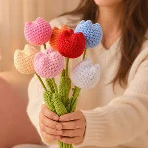 FEITAI 7 Pcs Crochet Tulips Flowers,16 in Knitted Crochet Tulip Bouquets for Mom,Wife or Women,Colorful Handmade Tulip Flowers with Leaf and Bent Stem,Fake Tulips Artificial Flowers Decorations