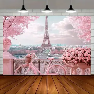 Pink Bicycle Paris Backdrop Romantic Eiffel Theme Tapestry Wall Hanging Photography Background for Wedding Celebration Birthday Party Bedroom Decor Photo Booth